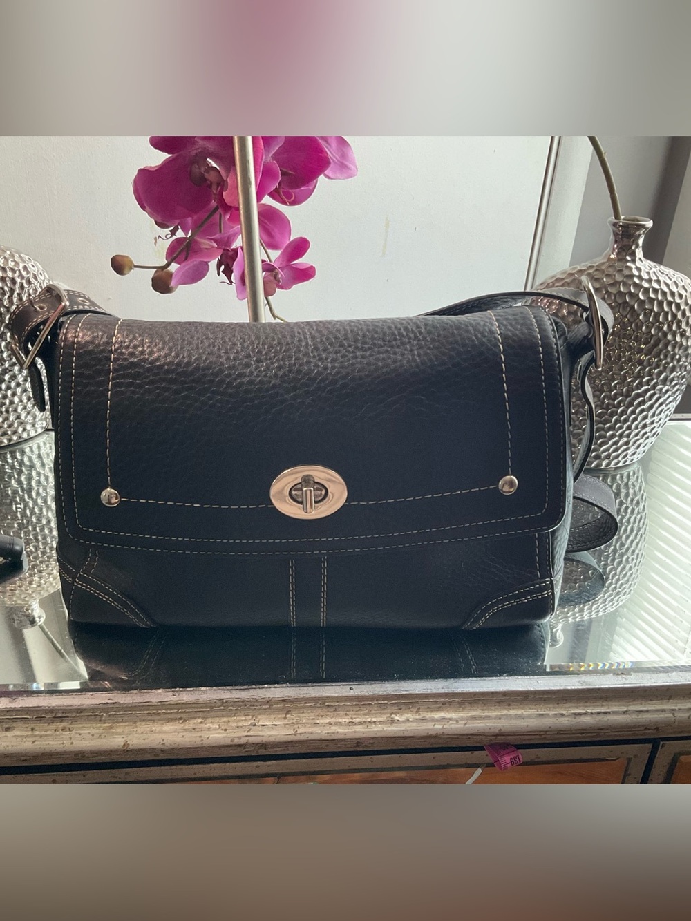 Vintage COACH Hamilton Flap Black Leather Shoulder Bag with Turn-Lock Closure